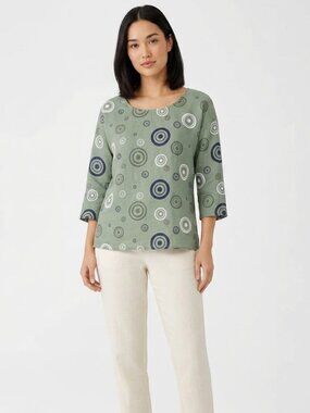 Lagenlook Made In Italy Green Geometric Circle Print Linen Top - Size S/M